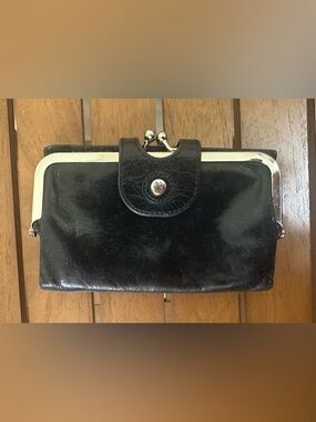 HOBO Black Leather Kiss-Lock Wallet Clutch with Silver Frame